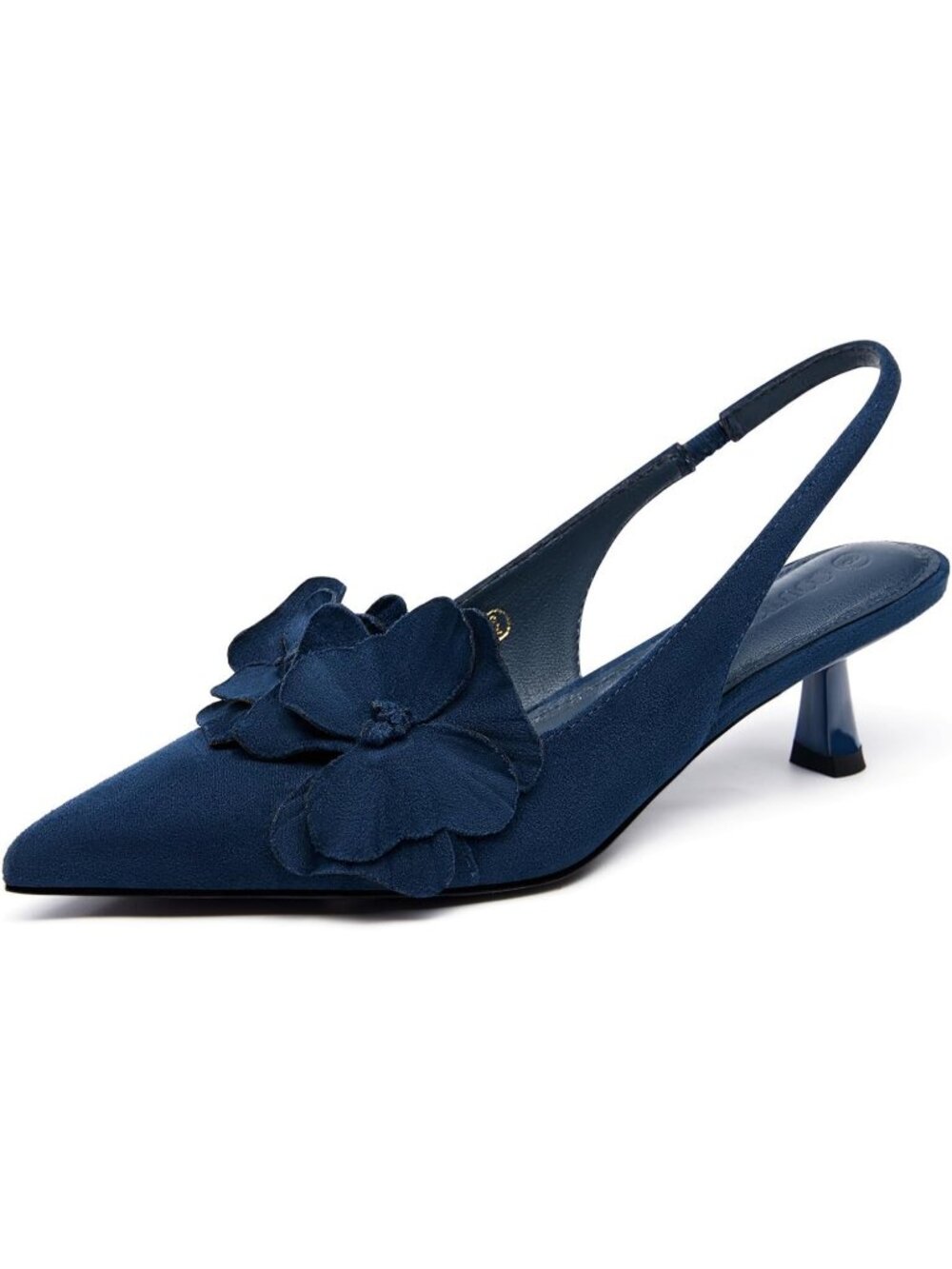 Women's Navy Blue Flower Closed Pointed Toe Slingback Kitten Heels Wedding Pumps